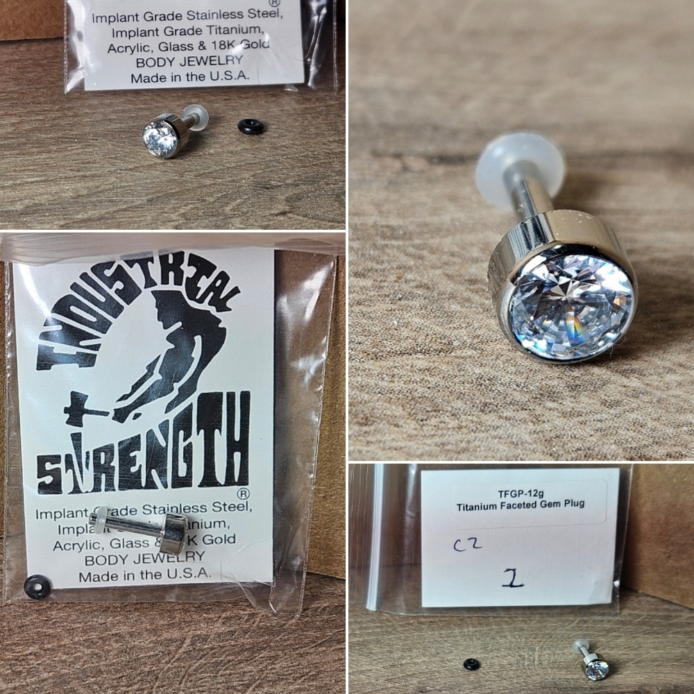TITANIUM FACETED GEM PLUGS - WHITE CZ size 12g